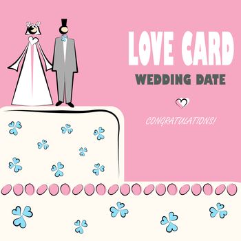 Wedding card, love, congratilations logo. Vector weddings icons with cake and couple