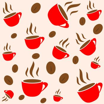 Coffee time, red cup and bean seamless vector wallpaper, background