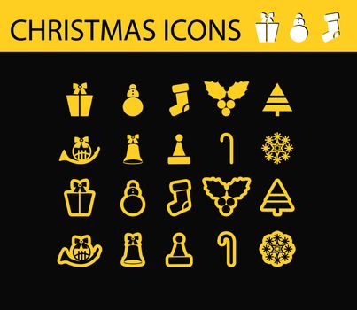Abstract vector illustration of schristmas icons and symbols, shiny web buttons, tags on black background