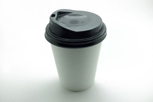 White paper coffee cup with black plastic lid