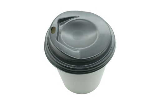 White paper coffee cup with black plastic lid