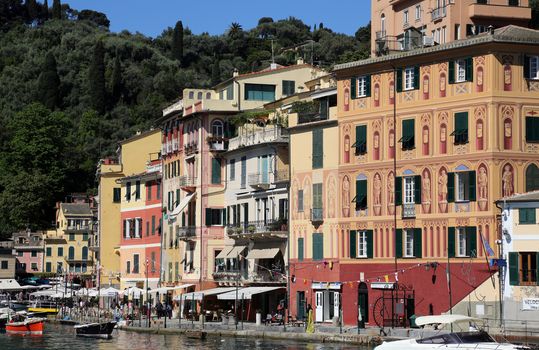 Portofino, Italy on May 04, 2014. Portofino is an Italian fishing village, and upmarket resort famous for its picturesque harbour.