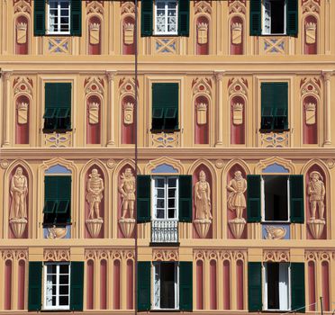 Detail of the colorful pastel houses in sea village of Portofino, Liguria, Italy