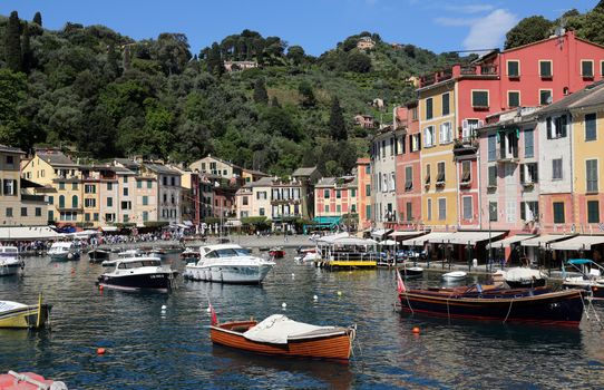 Portofino, Italy on May 04, 2014. Portofino is an Italian fishing village, and upmarket resort famous for its picturesque harbour.