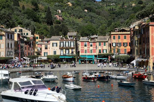 Portofino, Italy on May 04, 2014. Portofino is an Italian fishing village, and upmarket resort famous for its picturesque harbour.
