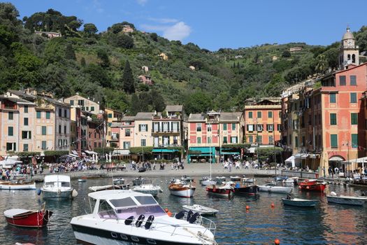 Portofino, Italy on May 04, 2014. Portofino is an Italian fishing village, and upmarket resort famous for its picturesque harbour.
