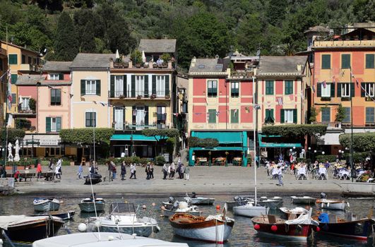 Portofino, Italy on May 04, 2014. Portofino is an Italian fishing village, and upmarket resort famous for its picturesque harbour.