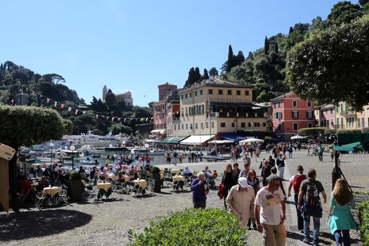 Portofino, Italy on May 04, 2014. Portofino is an Italian fishing village, and upmarket resort famous for its picturesque harbour.