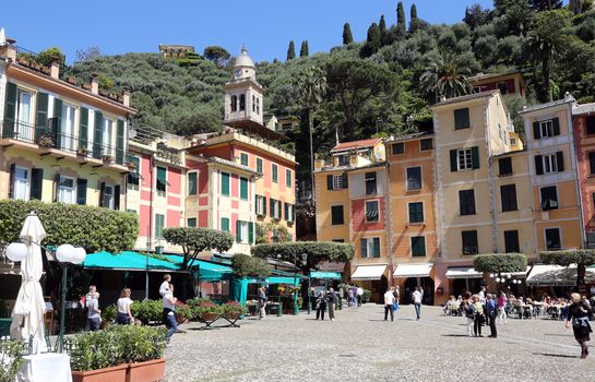 Portofino, Italy on May 04, 2014. Portofino is an Italian fishing village, and upmarket resort famous for its picturesque harbour.