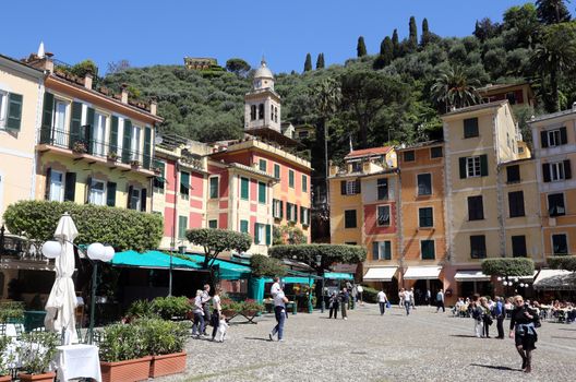 Portofino, Italy on May 04, 2014. Portofino is an Italian fishing village, and upmarket resort famous for its picturesque harbour.