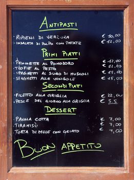 Menu of a restaurant, Portofino, Italy