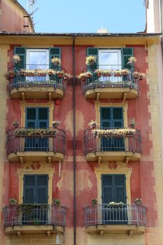 Colorful, ornately painted buildings in Santa Margherita Ligure, Italy