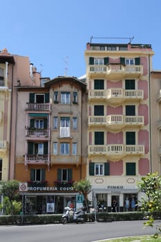Colorful, ornately painted buildings in Santa Margherita Ligure, Italy