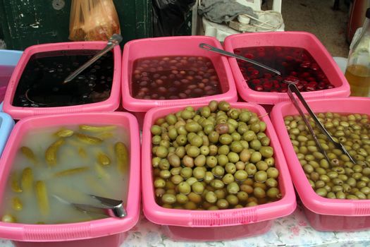 Sale of pickles in the souq of the Muslim Quarter in the Old City October 3, 2006 in Jerusalem, IL. Souqs are traditional middle eastern markets selling various foods and commodities.