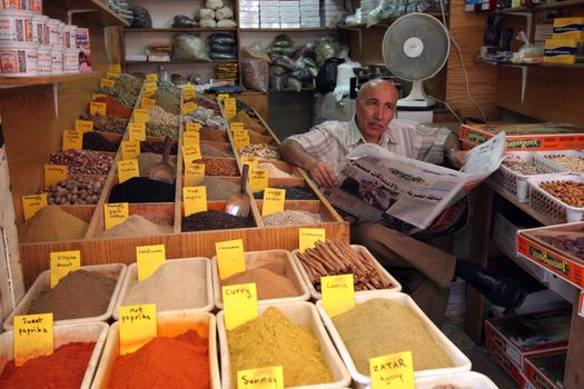 Spices at a market in the souq of the Muslim Quarter, October 03, 2006 in Jerusalem, IL. Souqs are traditional middle eastern markets selling various foods and commodities.