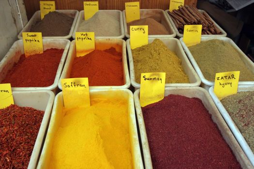 Spices at a market in the souq of the Muslim Quarter, October 03, 2006 in Jerusalem, IL. Souqs are traditional middle eastern markets selling various foods and commodities.