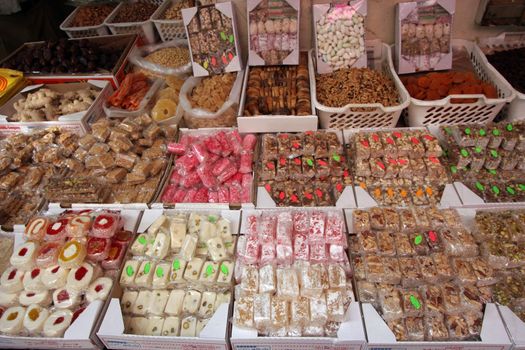 Candy shop in the souq of the Muslim Quarter in the Old City October 3, 2006 in Jerusalem, IL. Souqs are traditional middle eastern markets selling various foods and commodities.