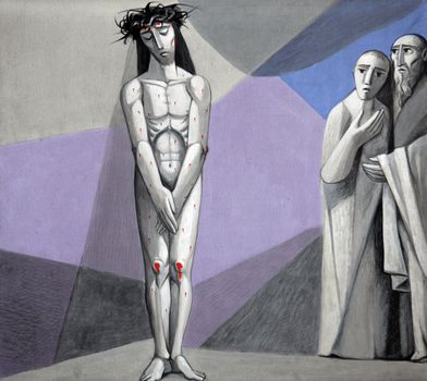 10th Stations of the Cross, Jesus is stripped of His garments in the Church of the Holy Trinity on July 18, 2013 in the Bavarian village of Gemünden am Main, in the Diocese of Würzburg.