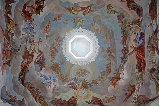 Fresco painting in the Neumunster Collegiate Church in Wurzburg on July 18, 2013 .