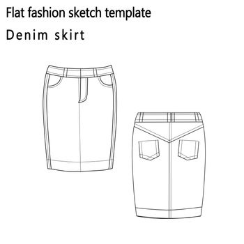 Flat fashion sketch - denim Skirt