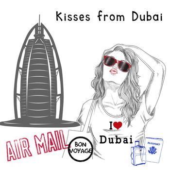 fashion Illustration - Postcard - Girl with monument background and post stamps - dubai