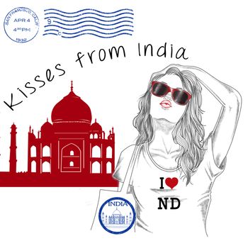 fashion Illustration - Postcard - Girl with monument background and post stamps -India - new delhi