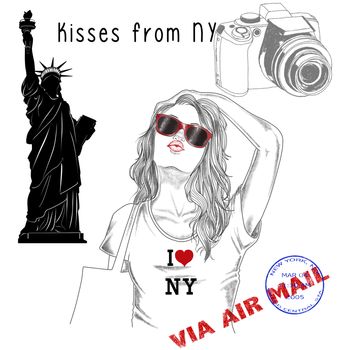 fashion Illustration - Postcard - Girl with monument background and post stamps - New York
