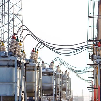 High voltage electric power substation in winter day