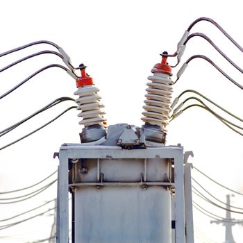 High voltage electric power substation in winter day