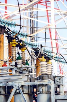 High voltage electric power substation in winter day