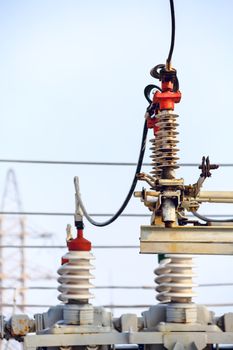 High voltage electric power substation in winter day