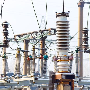 High voltage electric power substation in winter day