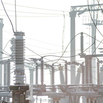 High voltage electric power substation in winter day