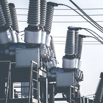 High voltage electric power substation in winter day