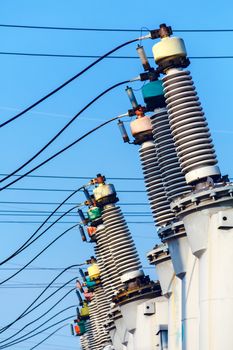 High voltage electric power substation in winter day