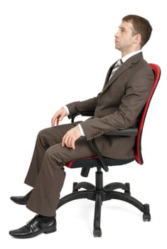 Businessman sitting on chair isolated on white background, side view