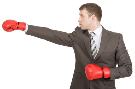 Businessman in boxing gloves isolated on white background