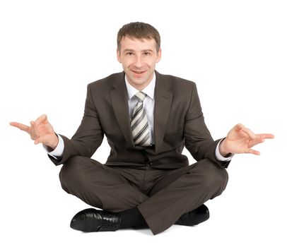 Businessman sitting in lotus posture isolated on white background