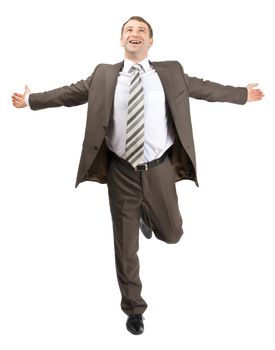 Happy businessman with open mouth running forward isolated on white background