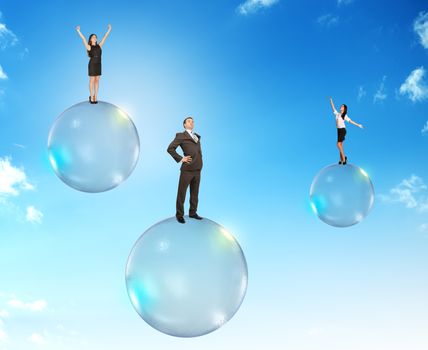 Set of businessmen on bubbles flying in sky with clouds