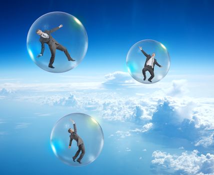 Set of businessmen in bubbles flying in sky with clouds