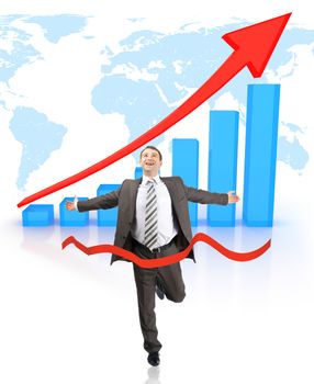 Happy businessman running forward on abstract background with world map and graphical chart