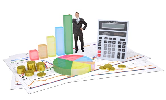 Businessman with calculator and graphs on white background