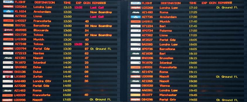 Flight board in Venice airport, on November 22, 2014 in Venice, Italy. The airport is busy with tourists most of the year.
