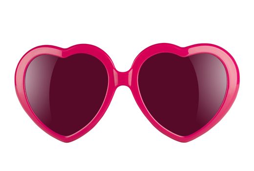 A pair of pink heart shaped sun glasses with violet lenses isolated on white background 