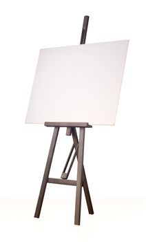 Painting wooden tripod with empty cardboard isolated on white background