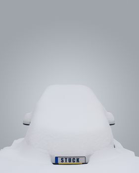 Car covered in snow with the word stuck writen on the license plate on grey background 