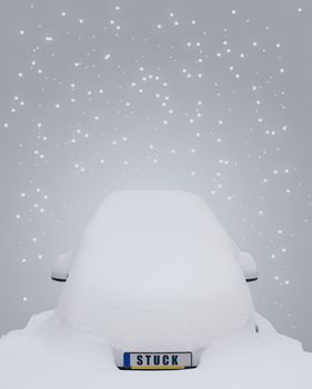 Car covered in snow with the word stuck writen on the license plate and snow flakes falling