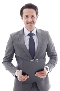 Portrait of young business man with folder isolated on white