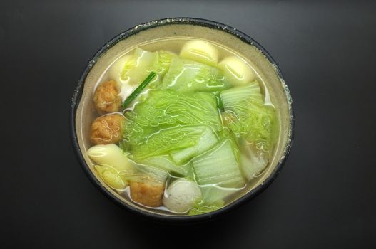 Vegetable soup with chinese cabbage, egg tofu and fish ball